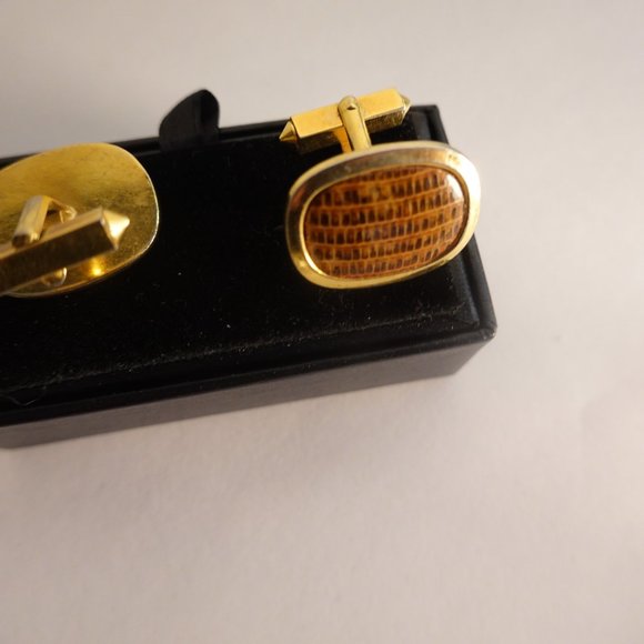 Vintage Cufflinks Gold Tone with Leather Retro Mid Century - Picture 2 of 2
